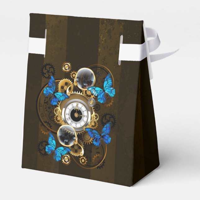 Steampunkgeere und blaue Schmetterlinge Geschenkschachtel (Rückseite)