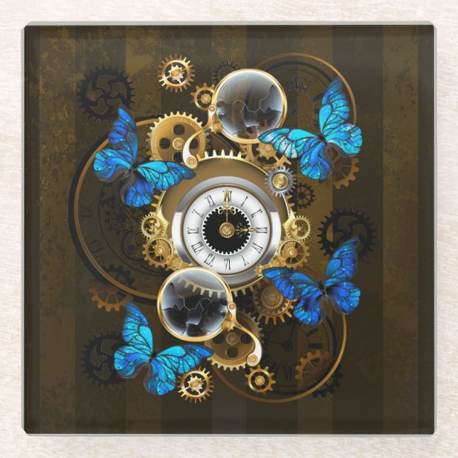 Steampunkgeere und blaue Schmetterlinge Glasuntersetzer (Vorderseite)