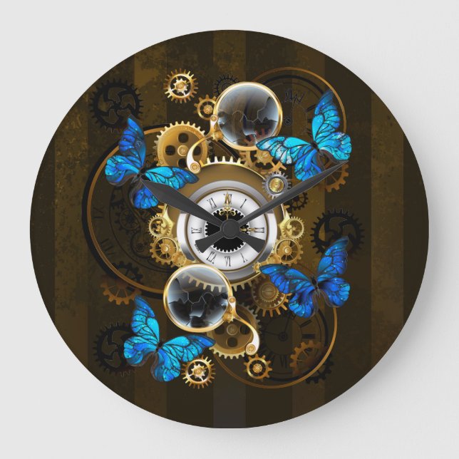 Steampunkgeere und blaue Schmetterlinge Große Wanduhr (Vorderseite)
