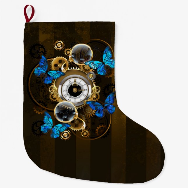 Steampunkgeere und blaue Schmetterlinge Großer Weihnachtsstrumpf (Vorderseite)