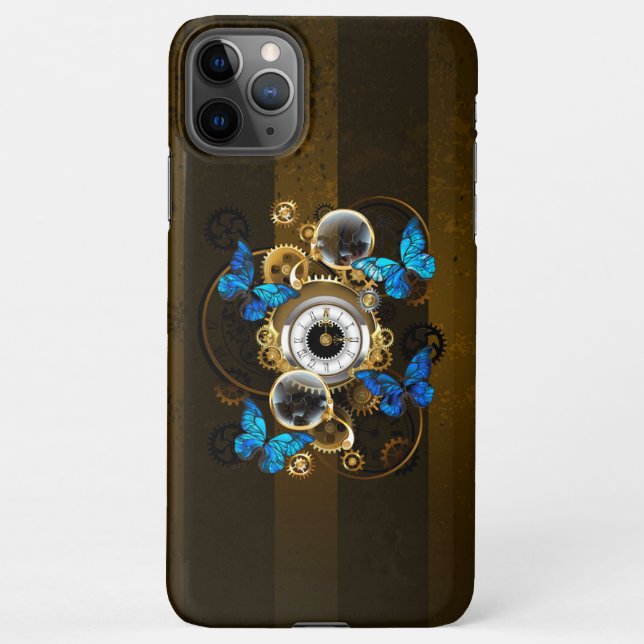 Steampunkgeere und blaue Schmetterlinge iPhone Hülle (Rückseite)