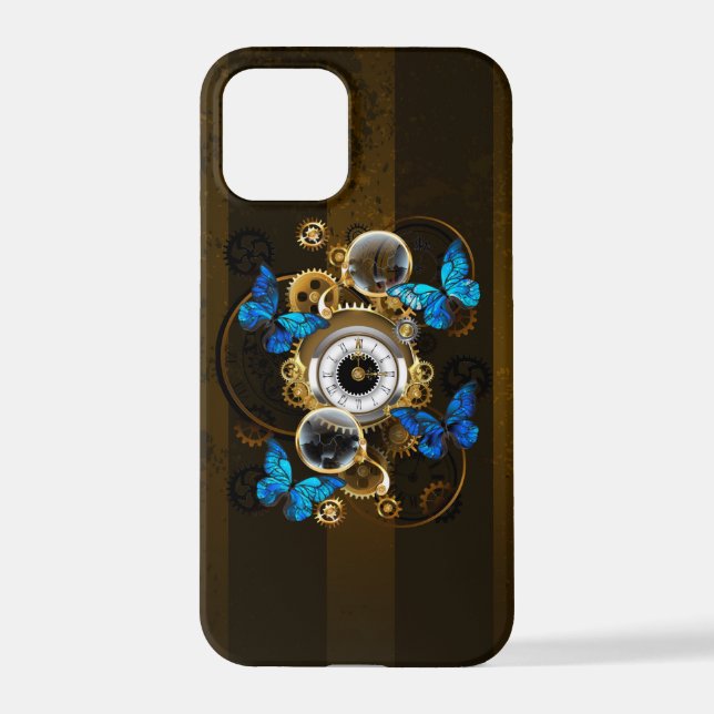 Steampunkgeere und blaue Schmetterlinge iPhone Hülle (Rückseite)