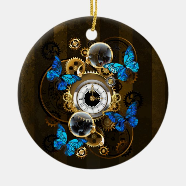 Steampunkgeere und blaue Schmetterlinge Keramik Ornament (Vorne)