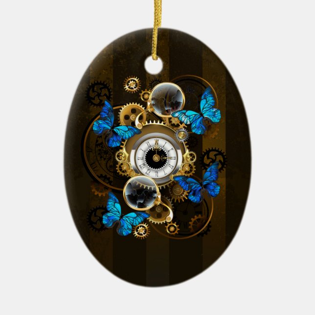 Steampunkgeere und blaue Schmetterlinge Keramik Ornament (Vorne)