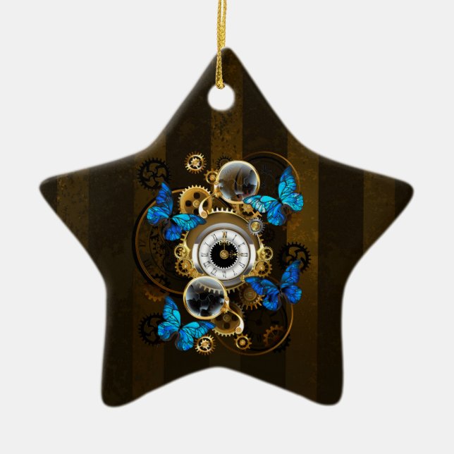 Steampunkgeere und blaue Schmetterlinge Keramik Ornament (Vorne)