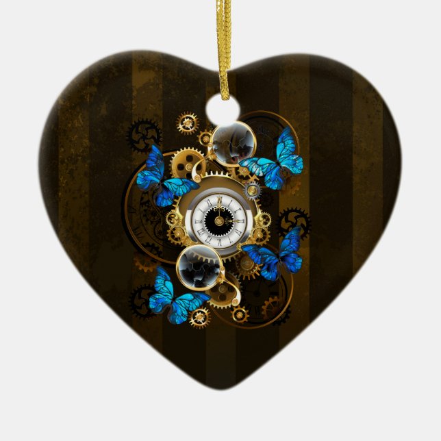 Steampunkgeere und blaue Schmetterlinge Keramik Ornament (Vorne)