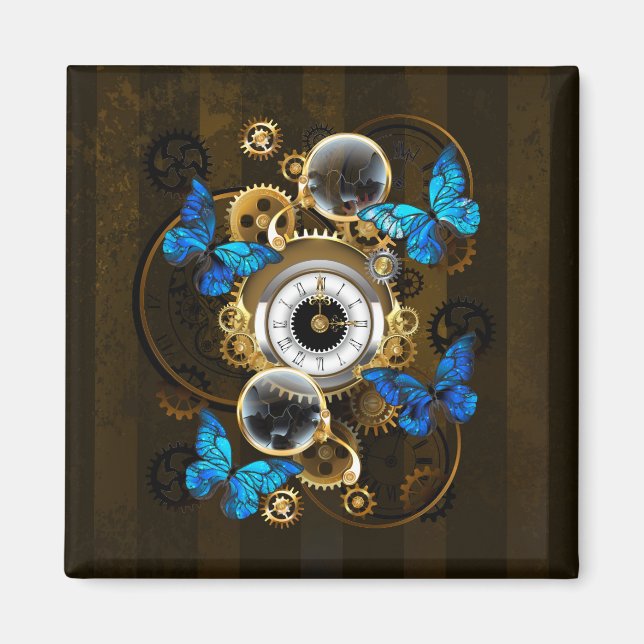 Steampunkgeere und blaue Schmetterlinge Magnet (Vorne)