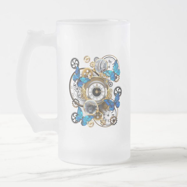 Steampunkgeere und blaue Schmetterlinge Mattglas Bierglas (Links)