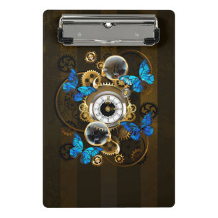 Steampunkgeere und blaue Schmetterlinge Mini Klemmbrett
