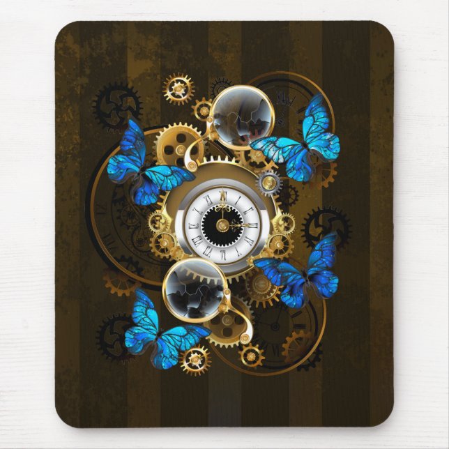 Steampunkgeere und blaue Schmetterlinge Mousepad (Vorne)