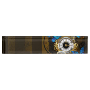 Steampunkgeere und blaue Schmetterlinge Namensplakette
