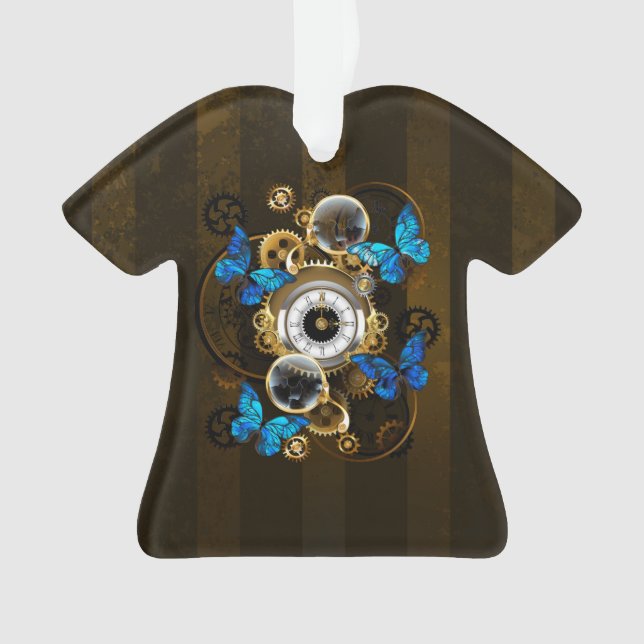 Steampunkgeere und blaue Schmetterlinge Ornament (Vorderseite)