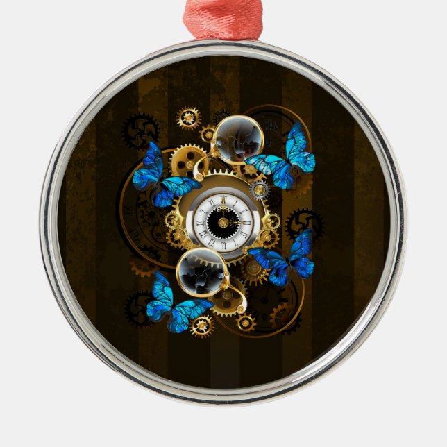 Steampunkgeere und blaue Schmetterlinge Ornament Aus Metall (Vorne)