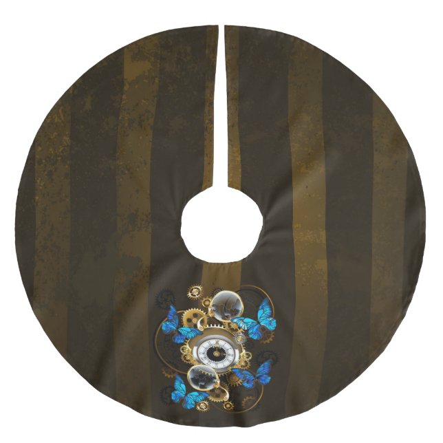 Steampunkgeere und blaue Schmetterlinge Polyester Weihnachtsbaumdecke (Vorderseite)