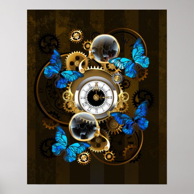 Steampunkgeere und blaue Schmetterlinge Poster (Vorne)