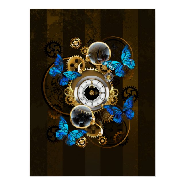 Steampunkgeere und blaue Schmetterlinge Poster (Vorderseite)