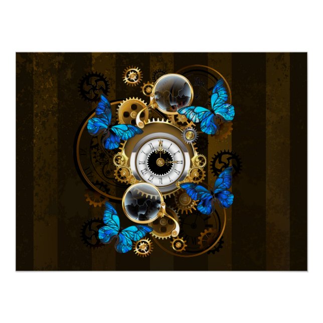 Steampunkgeere und blaue Schmetterlinge Poster (Vorderseite)