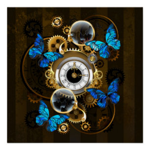 Steampunkgeere und blaue Schmetterlinge Poster