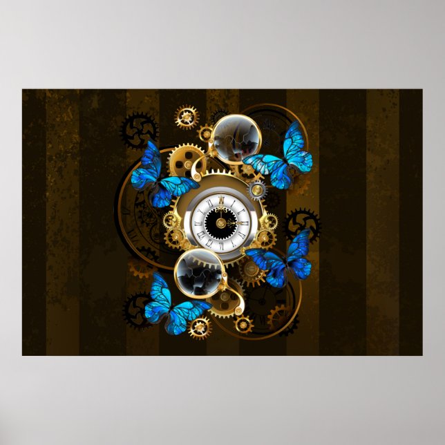 Steampunkgeere und blaue Schmetterlinge Poster (Vorne)