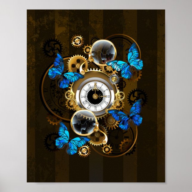 Steampunkgeere und blaue Schmetterlinge Poster (Vorne)