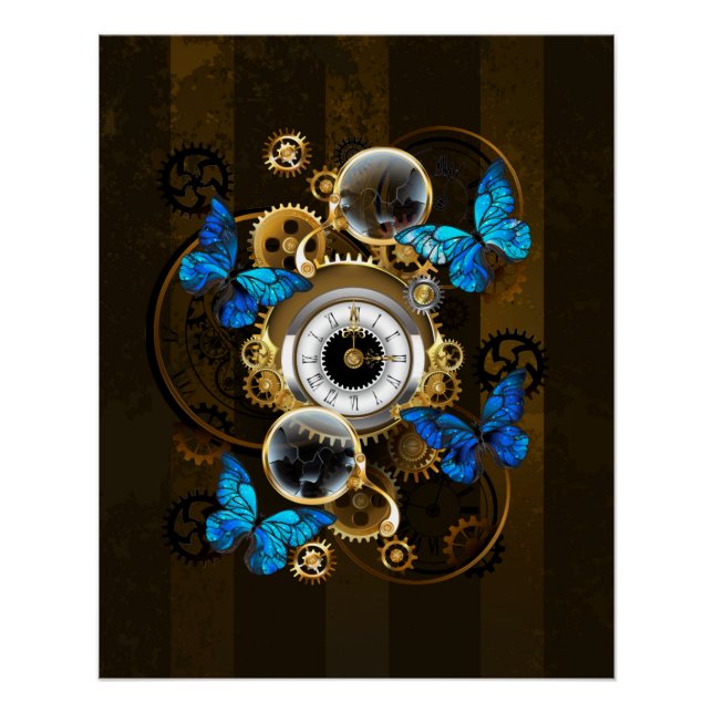 Steampunkgeere und blaue Schmetterlinge Poster (Vorderseite)