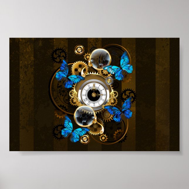 Steampunkgeere und blaue Schmetterlinge Poster (Vorne)