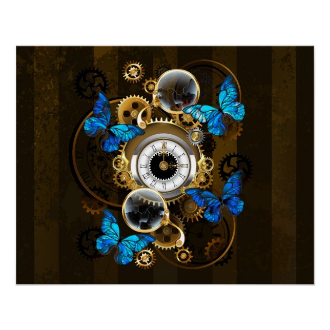 Steampunkgeere und blaue Schmetterlinge Poster (Vorderseite)