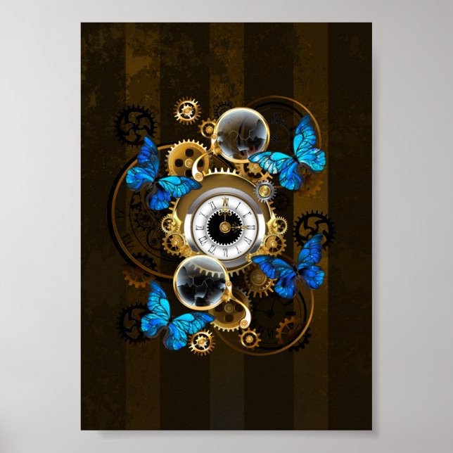 Steampunkgeere und blaue Schmetterlinge Poster (Vorne)