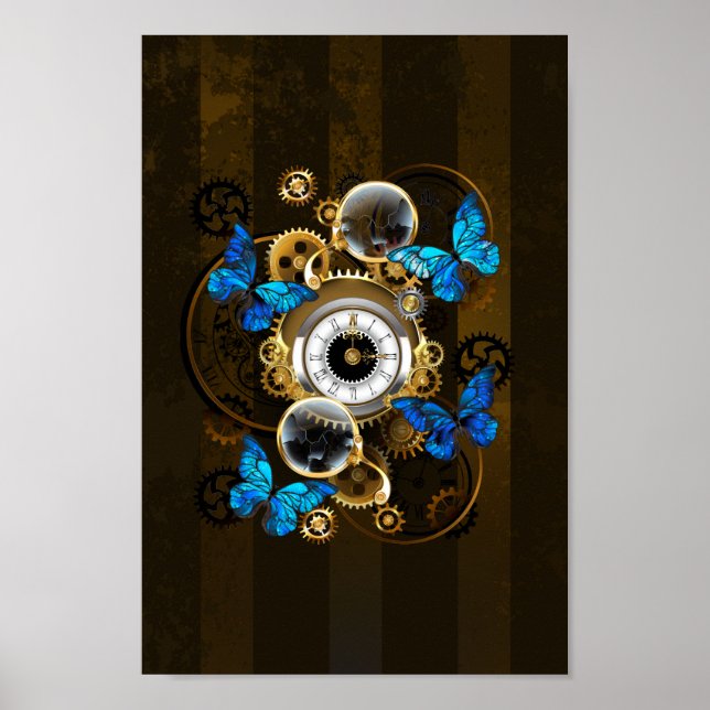 Steampunkgeere und blaue Schmetterlinge Poster (Vorne)