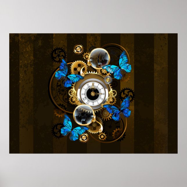 Steampunkgeere und blaue Schmetterlinge Poster (Vorne)