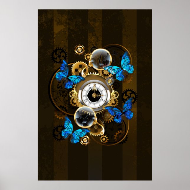 Steampunkgeere und blaue Schmetterlinge Poster (Vorne)
