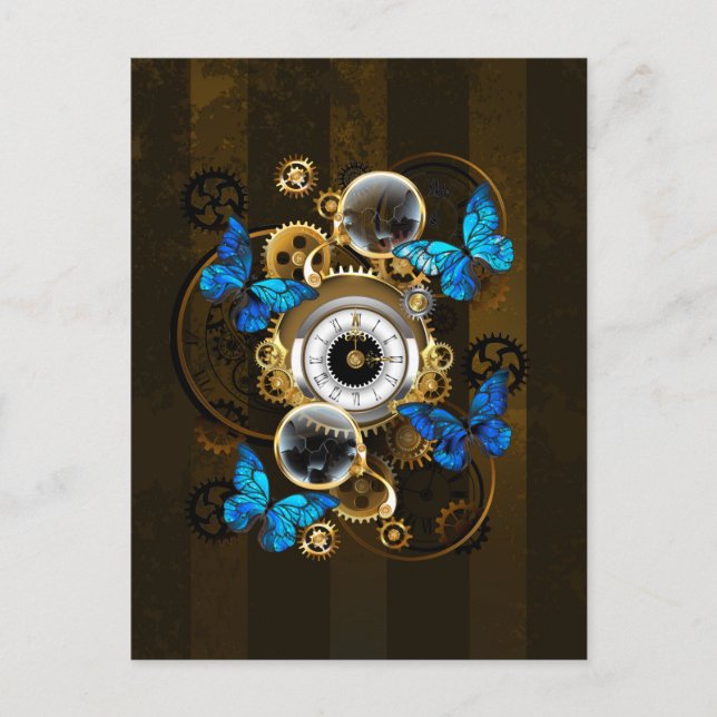 Steampunkgeere und blaue Schmetterlinge Postkarte (Vorderseite)