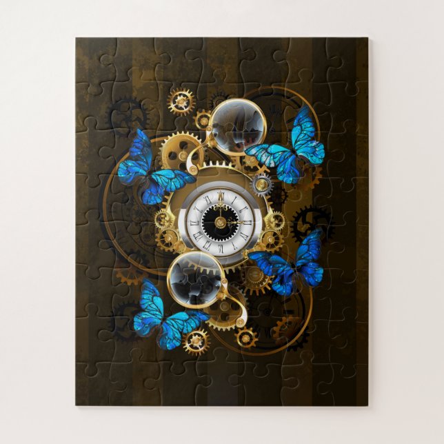 Steampunkgeere und blaue Schmetterlinge Puzzle (Vertikal)