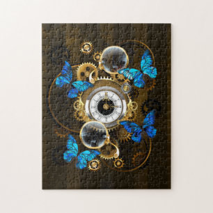 Steampunkgeere und blaue Schmetterlinge Puzzle