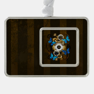 Steampunkgeere und blaue Schmetterlinge Rahmen-Ornament Silber
