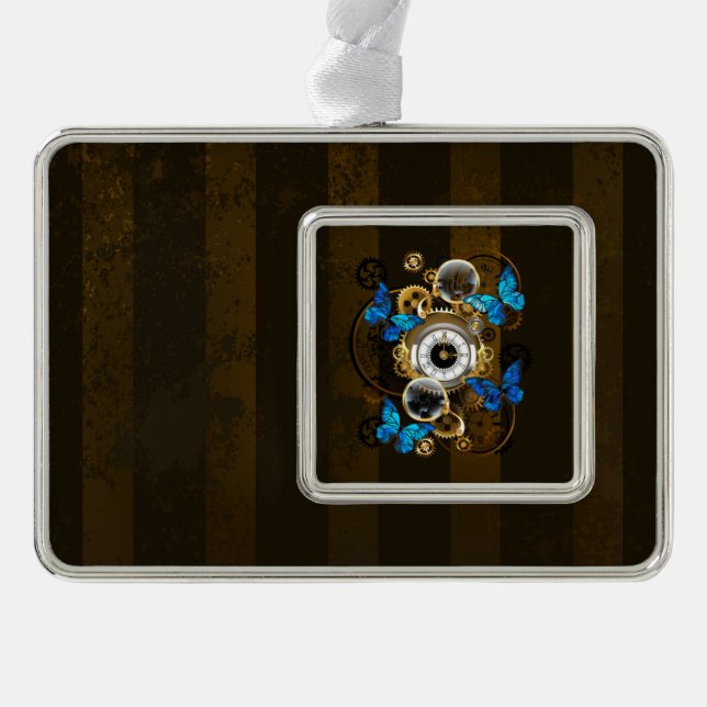Steampunkgeere und blaue Schmetterlinge Rahmen-Ornament Silber (Vorderseite)