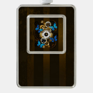 Steampunkgeere und blaue Schmetterlinge Rahmen-Ornament Silber
