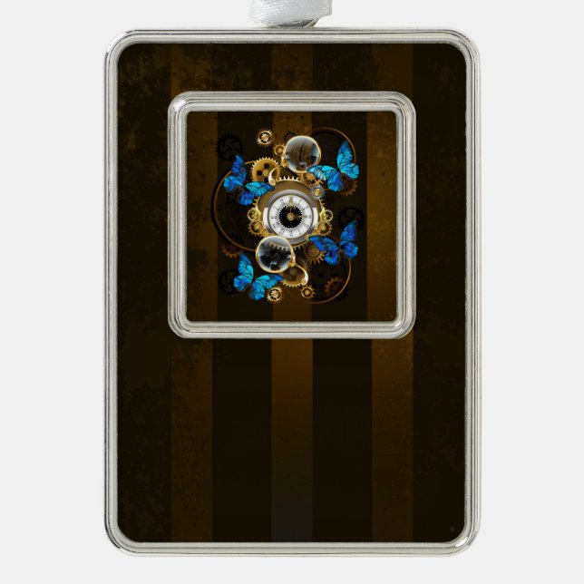 Steampunkgeere und blaue Schmetterlinge Rahmen-Ornament Silber (Vorderseite)