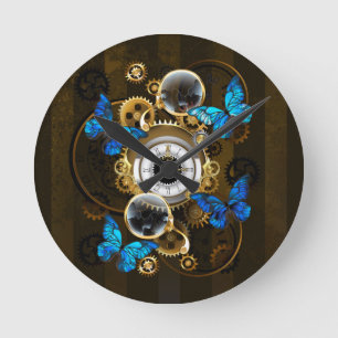 Steampunkgeere und blaue Schmetterlinge Runde Wanduhr