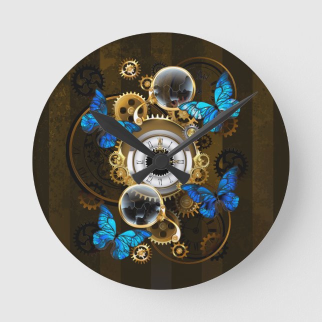 Steampunkgeere und blaue Schmetterlinge Runde Wanduhr (Vorderseite)