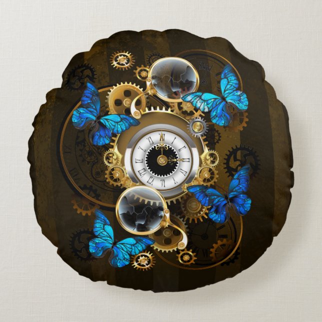 Steampunkgeere und blaue Schmetterlinge Rundes Kissen (Vorderseite)