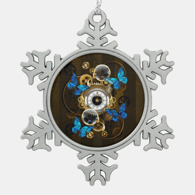 Steampunkgeere und blaue Schmetterlinge Schneeflocken Zinn-Ornament (Vorderseite)