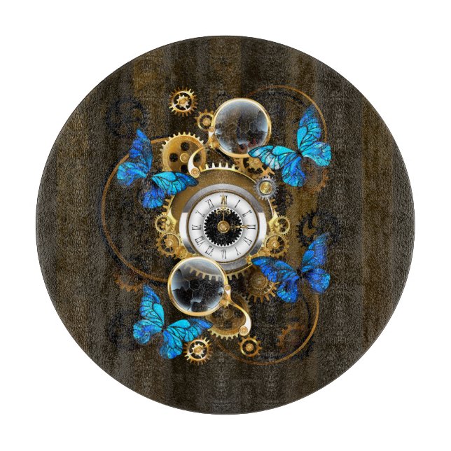 Steampunkgeere und blaue Schmetterlinge Schneidebrett (Vorderseite)