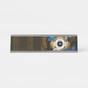 Steampunkgeere und blaue Schmetterlinge Schreibtischnamensplakette