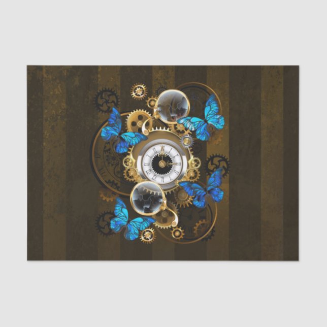 Steampunkgeere und blaue Schmetterlinge Seidenpapier (Vorderseite)