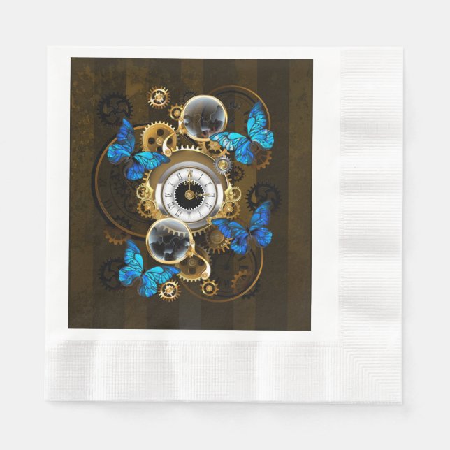Steampunkgeere und blaue Schmetterlinge Serviette (Vorderseite)