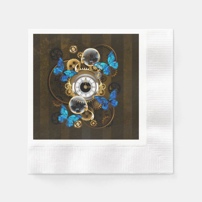 Steampunkgeere und blaue Schmetterlinge Serviette (Vorderseite)