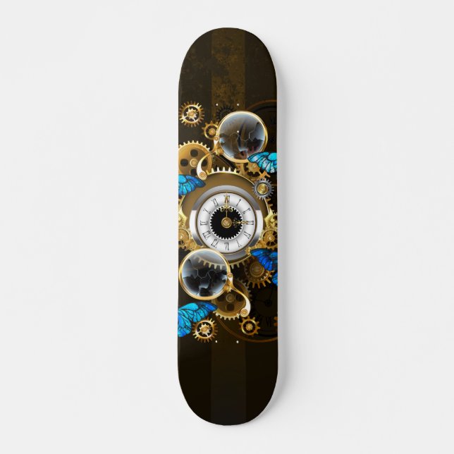 Steampunkgeere und blaue Schmetterlinge Skateboard (Vorne)
