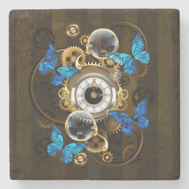 Steampunkgeere und blaue Schmetterlinge Steinuntersetzer (Vorderseite)
