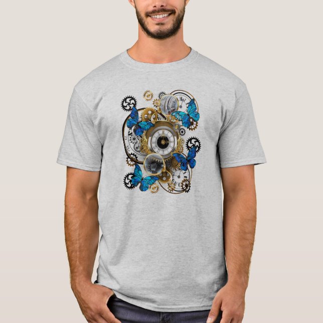 Steampunkgeere und blaue Schmetterlinge T-Shirt (Vorderseite)